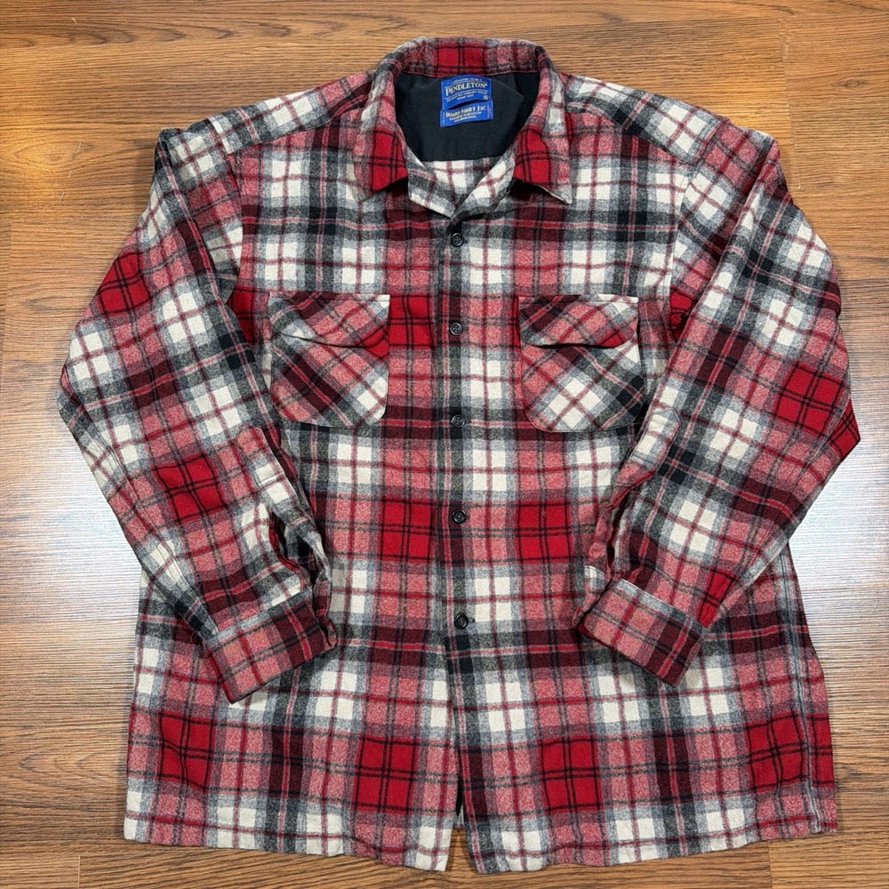 PENDLETON Board Shirt Jac Men's XL Plaid Red Black 100% Virgin Wool Loop Collar